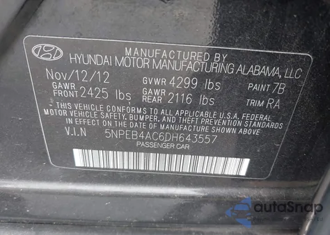 2013 Hyundai Sonata Gls from USA, damaged, VIN 5NPEB4AC6DH643557